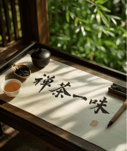 A Zen monk brewing traditional Chinese tea in a quiet tea room, symbolizing mindfulness and spiritual clarity