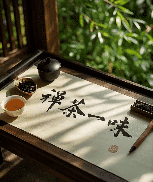 A Zen monk brewing traditional Chinese tea in a quiet tea room, symbolizing mindfulness and spiritual clarity